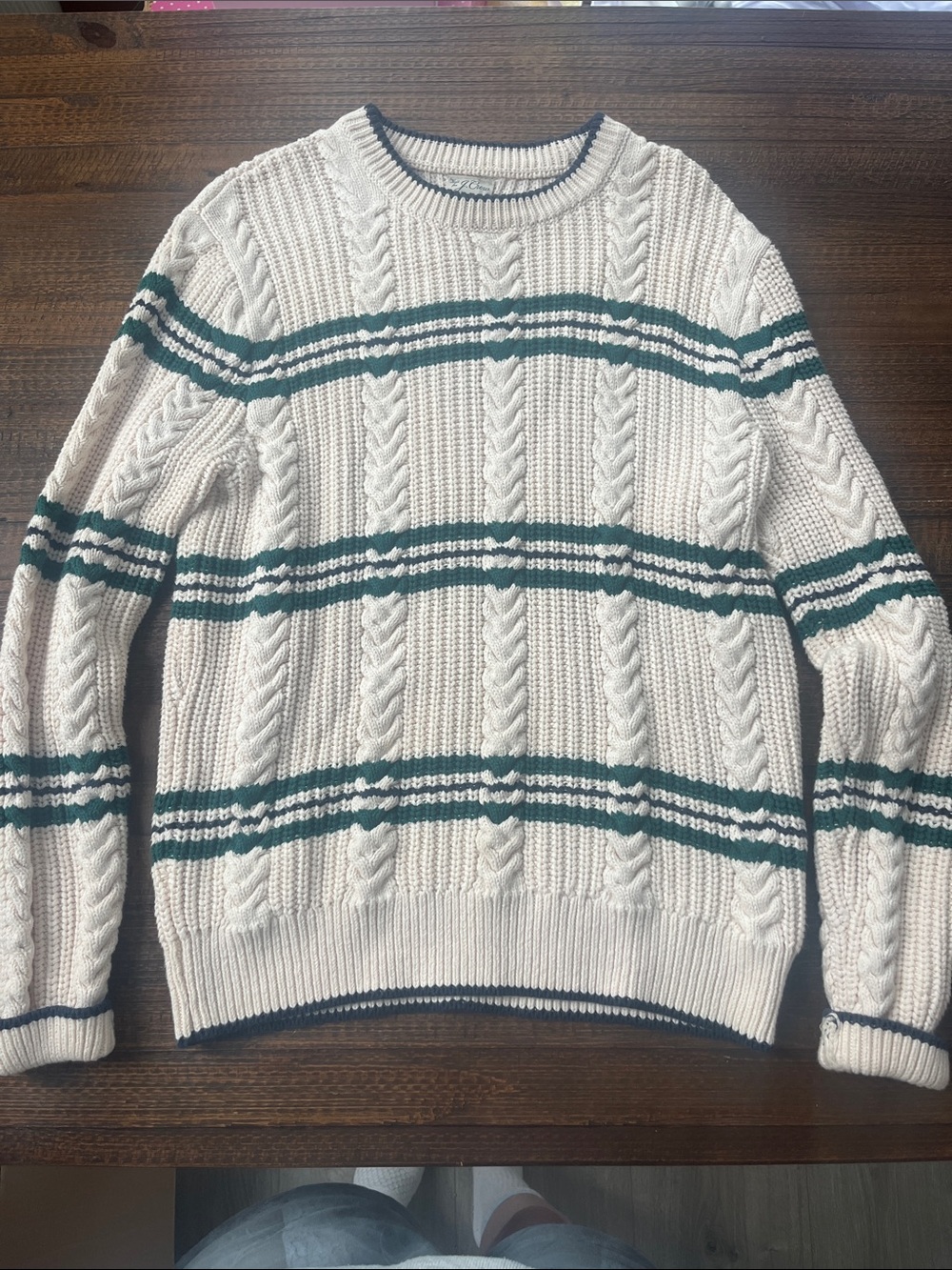 J. Crew Cream Cable Knit Crewneck with Green Stripes